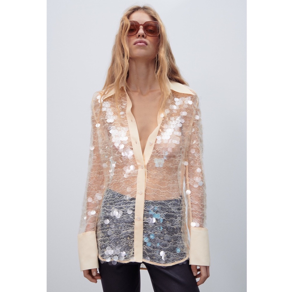 Zara Sequin Button Down semi sheer Cream Shirt Top sz.M